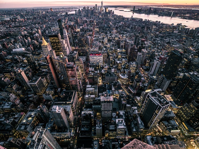 Aerial view of New York City skyline at dusk