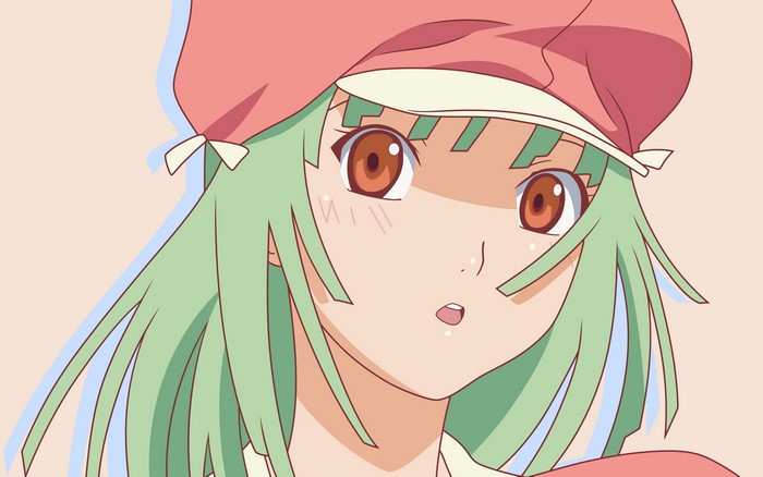 Girl with green hair wearing a pink hat