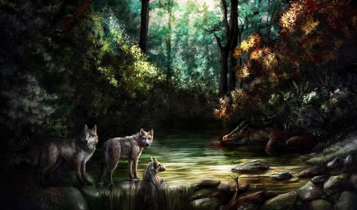 Wolves and a dragon by a forest stream