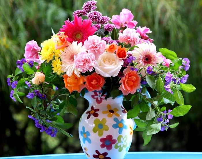 Colorful Mixed Flower Bouquet in Decorative Pitcher