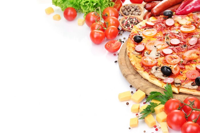 Pizza with Tomatoes, Olives, and Sausages