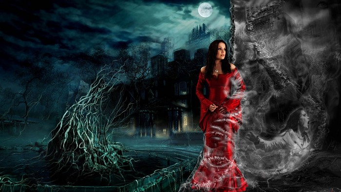 Mystical Woman in Red Dress by Haunted Castle