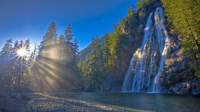 Waterfall in a forest with sun rays