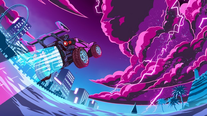 Rocket League car flying over city during storm