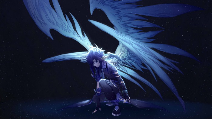 Anime angel with large blue wings in starry night