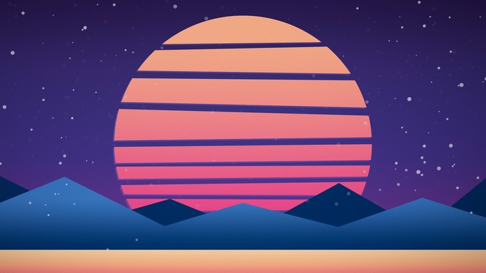 Retrowave sunset over minimalist mountains