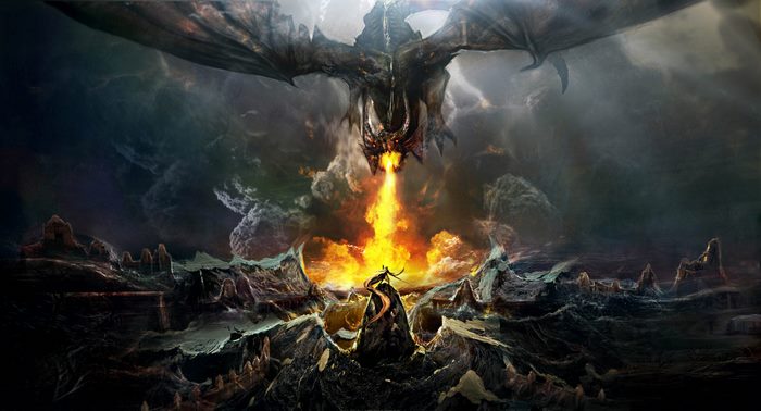 Dragon breathing fire on a warrior in a rocky landscape