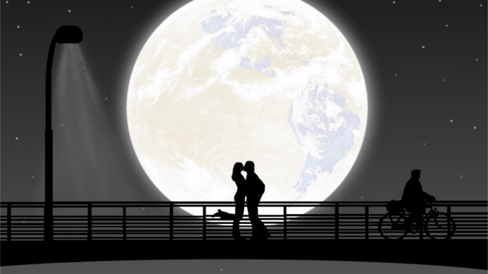 Couple Kissing Under Full Moon on Bridge at Night 4K