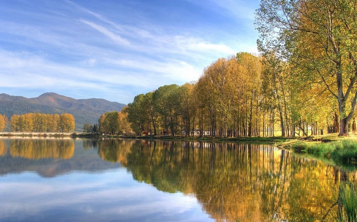 Autumn trees reflected in a calm lake with mountains