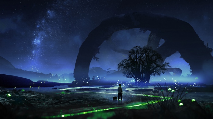 Child Standing Near Enchanted Glowing Lake at Night