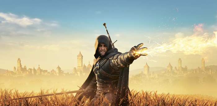 Geralt of Rivia casting a fire spell in The Witcher 3