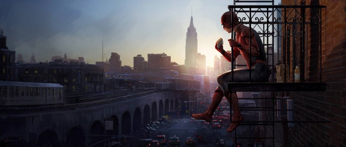 Spiderman Sitting on Fire Escape at Sunset 4K