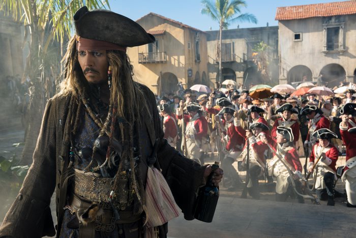 Captain Jack Sparrow from Pirates of the Caribbean in a town square