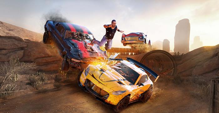 Destruction Derby Artwork with Man Jumping from Car
