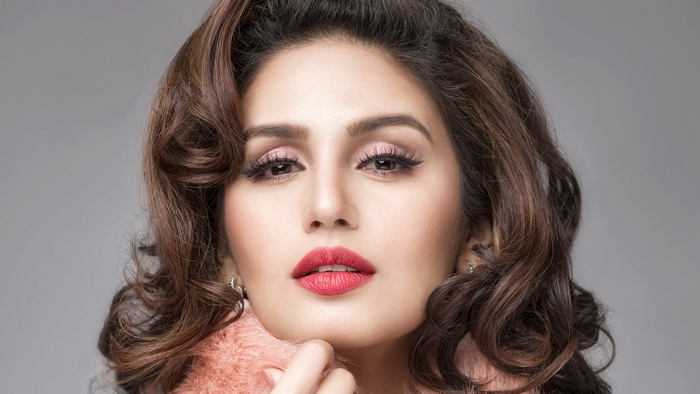 Huma Qureshi portrait with pink fur