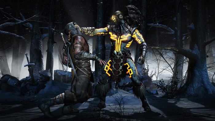 Two characters fighting in a dark forest