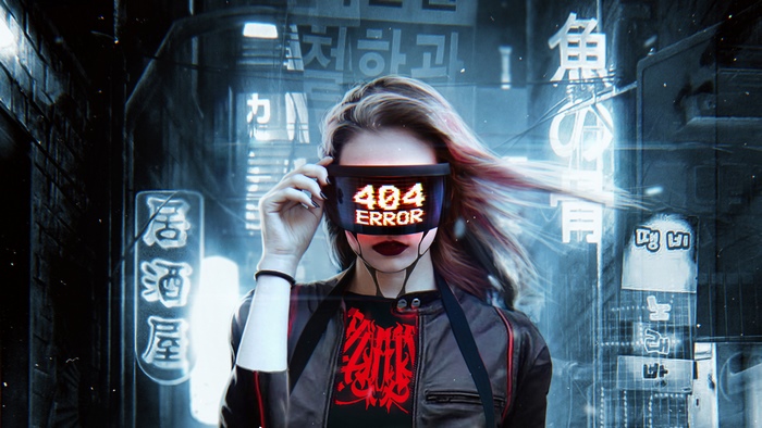 Cyberpunk Woman Wearing Glowing 404 Error Visor