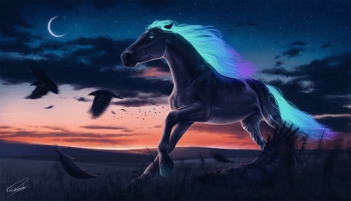 Digital artwork of a horse with glowing mane and tail