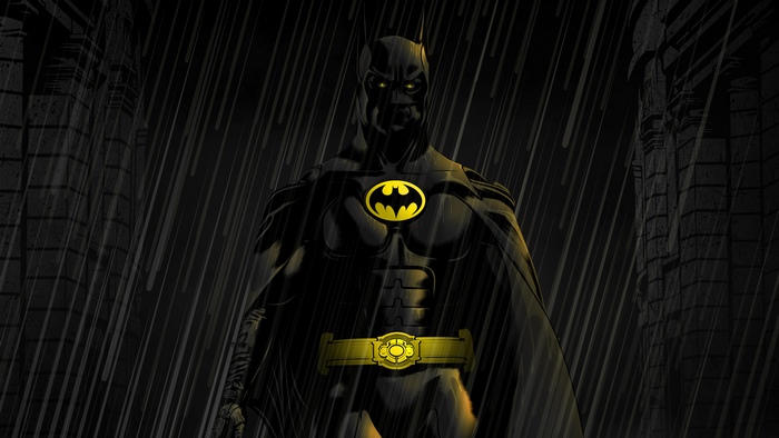 Batman in the rain with yellow emblem