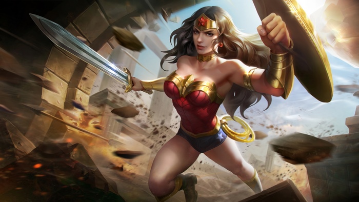 Wonder Woman in battle with sword and shield