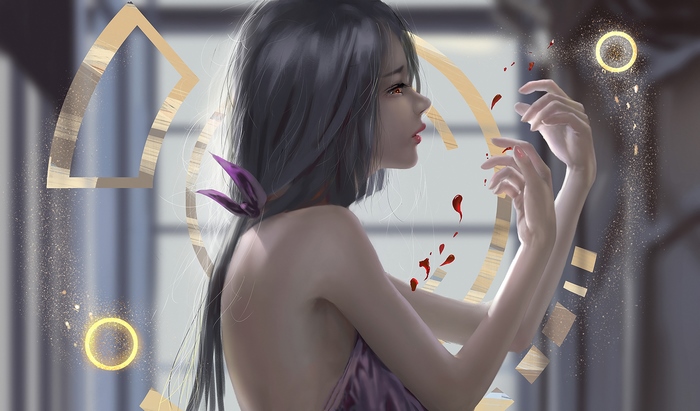 Anime girl with gold geometric shapes and blood splatters