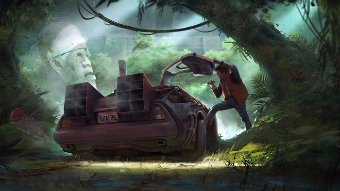 Marty McFly's DeLorean in a jungle with a stone head