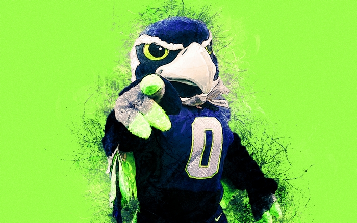 Seahawks mascot pointing at the viewer