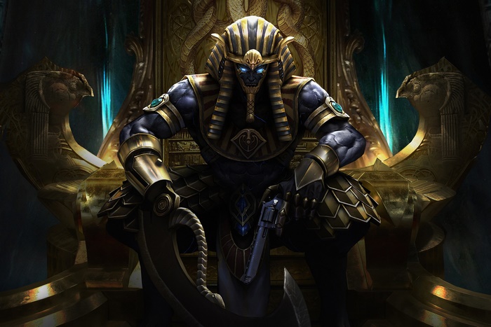 Egyptian warrior with gun on throne