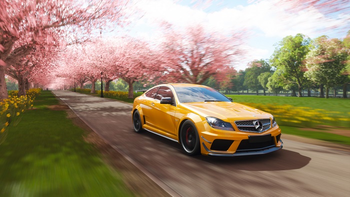 Yellow Mercedes-AMG C 63 Driving Past Cherry Blossoms
