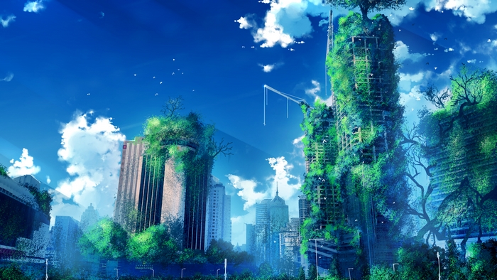 Post-Apocalyptic Cityscape Overgrown with Vegetation