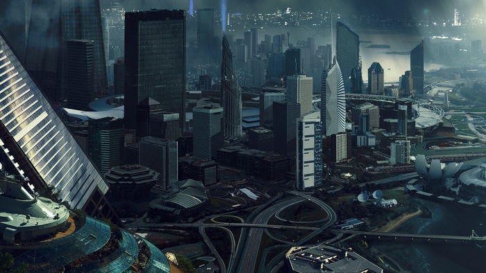 Futuristic Cityscape with Tall Buildings and Highways