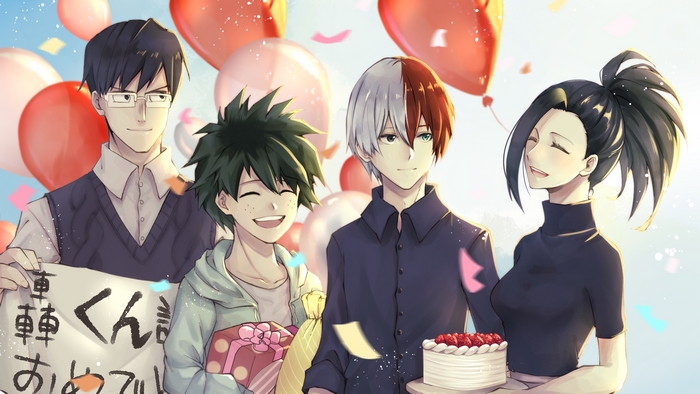 Izuku Midoriya, Shoto Todoroki, Tenya Iida, and Momo Yaoyorozu from My Hero Academia