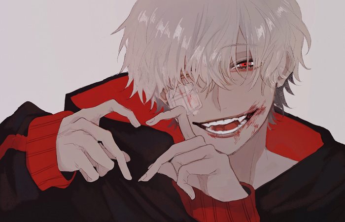 Anime character with blonde hair and red eyes