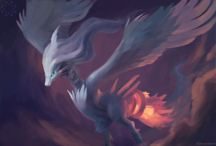 Reshiram from Pokémon flying with fiery exhaust