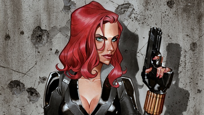 Black Widow from Marvel Comics holding a gun