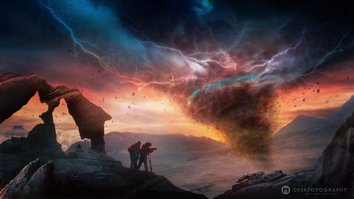 Man Observing Lightning-filled Tornado in Fantasy Landscape