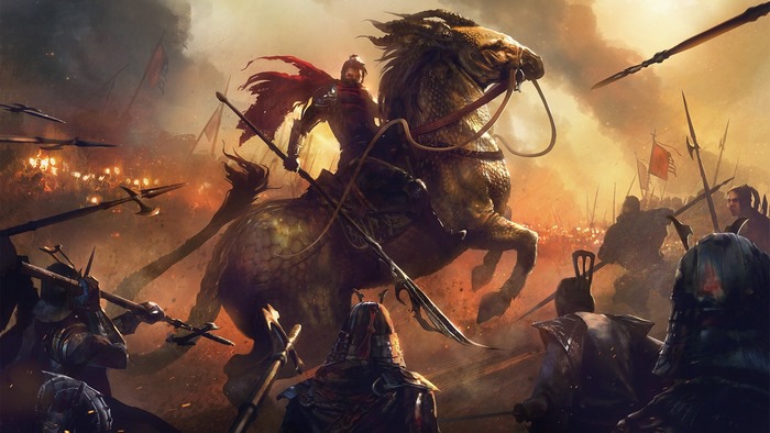 Warrior on a dragon-like horse in battle