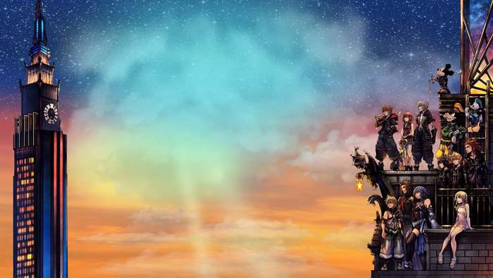 Kingdom Hearts III characters on a rooftop at sunset