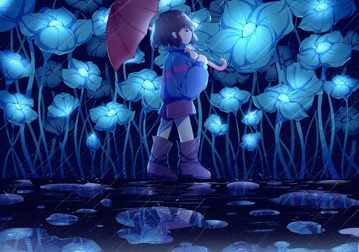 Frisk from Undertale holding an umbrella in a field of glowing blue flowers