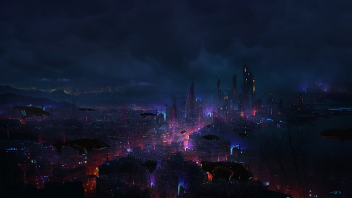 Futuristic Cityscape at Night with Flying Vehicles