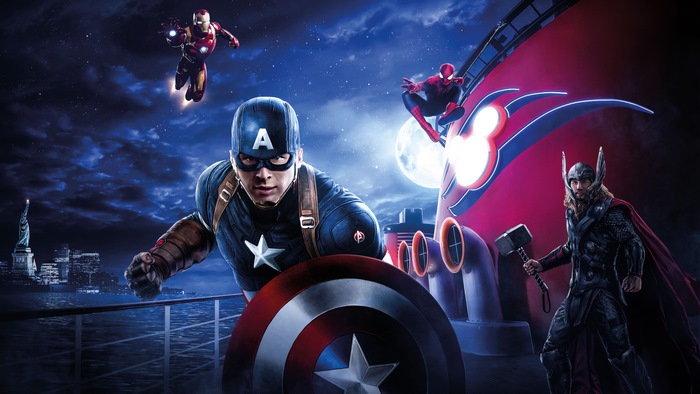 Captain America, Iron Man, Spider-Man, and Thor on a ship