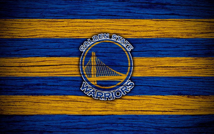 Golden State Warriors logo on wood grain background