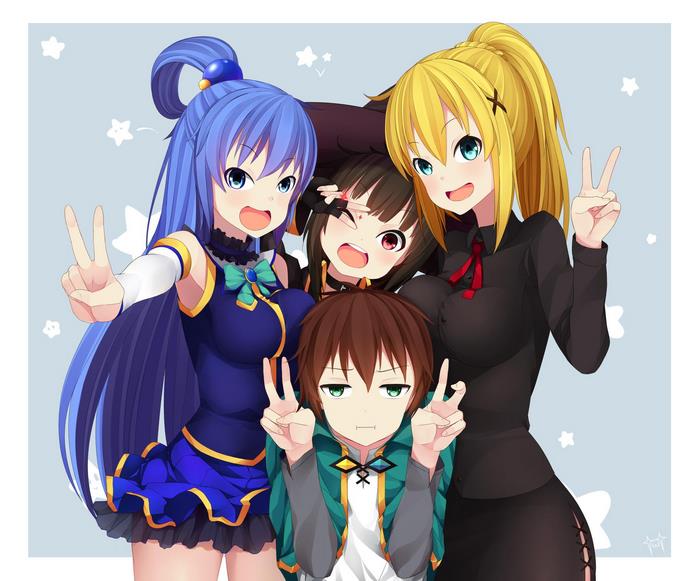 Aqua, Darkness, Megumin, and Kazuma from KonoSuba