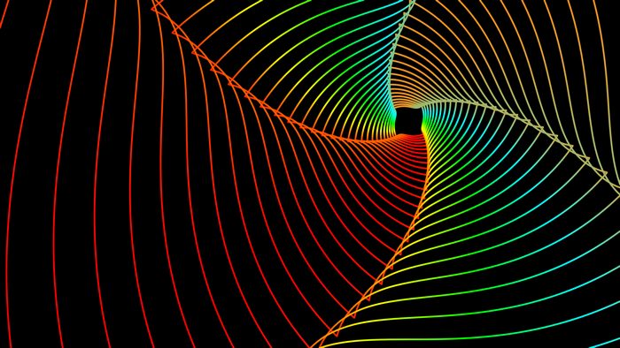 Abstract rainbow spiral lines on black background
