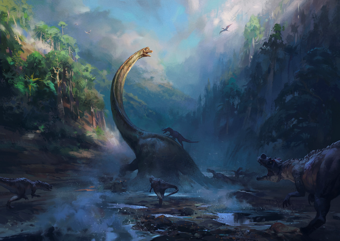 Dinosaurs in a prehistoric jungle landscape