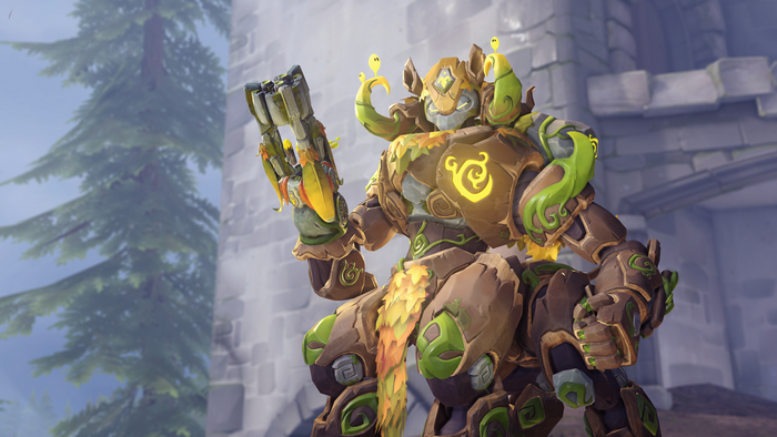 Orisa from Overwatch with nature-themed skin