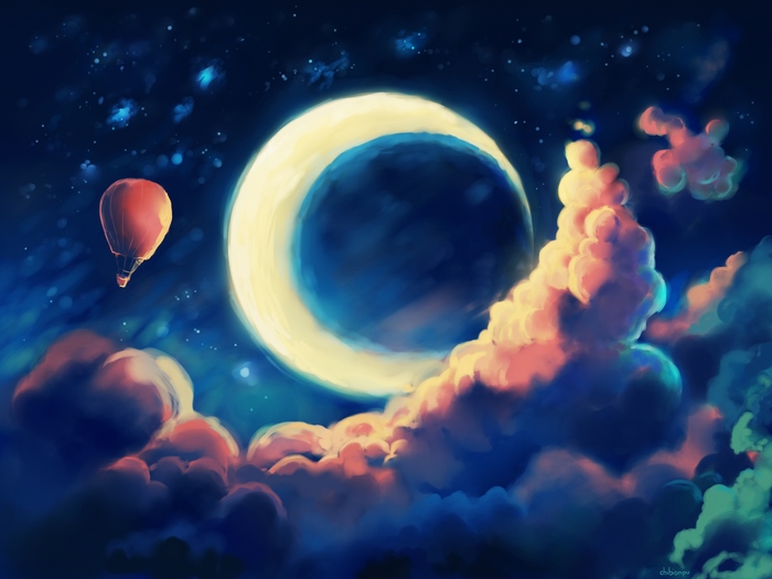 Hot air balloon under a crescent moon at night