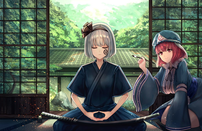 Youmu Konpaku painting Youko Saigyouji in a garden