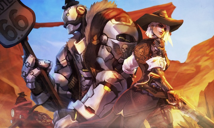 Ashe and B.O.B. from Overwatch in a desert