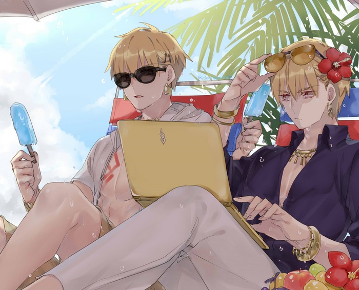 Two Gilgamesh characters from Fate/Grand Order on a beach